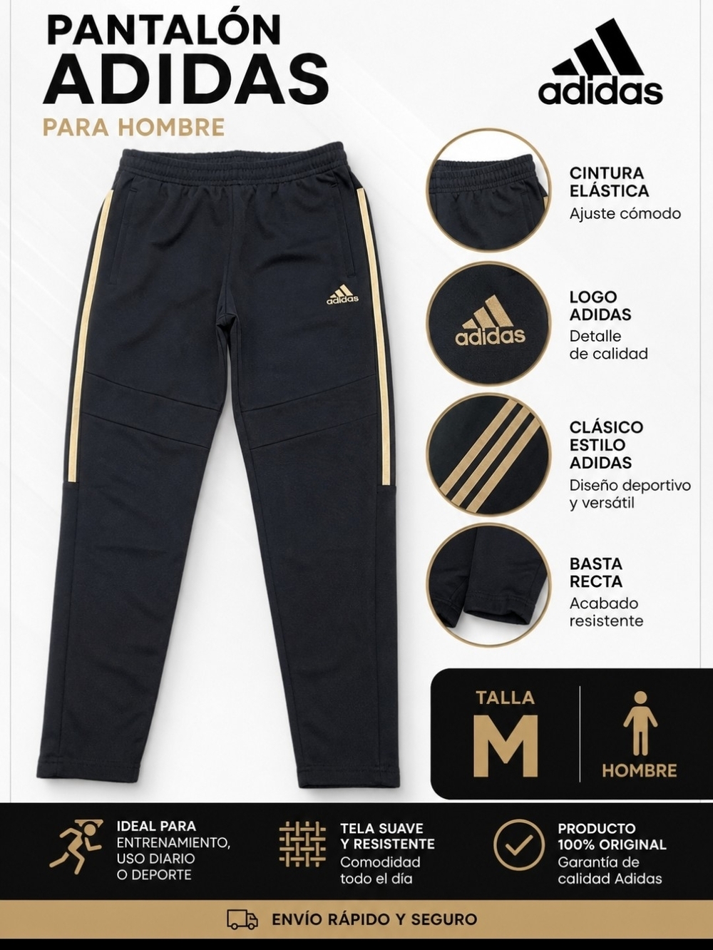 Adidas Men's Black Track Pants with Gold Stripes
